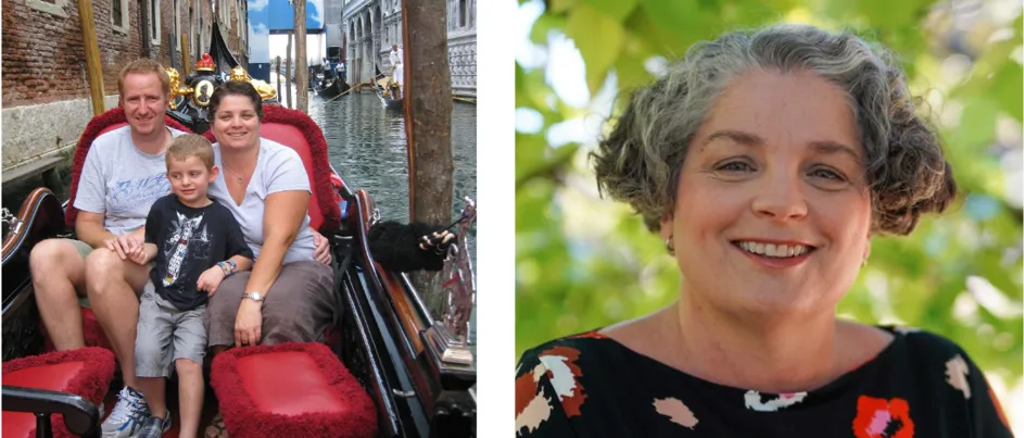 To the left, Lucy-Anne and her family sitting in a gondola on a canal. To the right, Lucy-Anne smiling in a portrait against leafy green trees.
