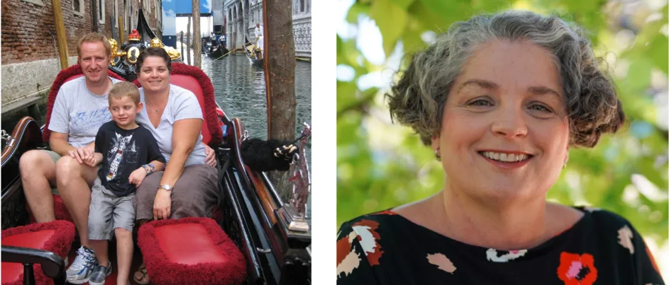 To the left, Lucy-Anne and her family sitting in a gondola on a canal. To the right, Lucy-Anne smiling in a portrait against leafy green trees.