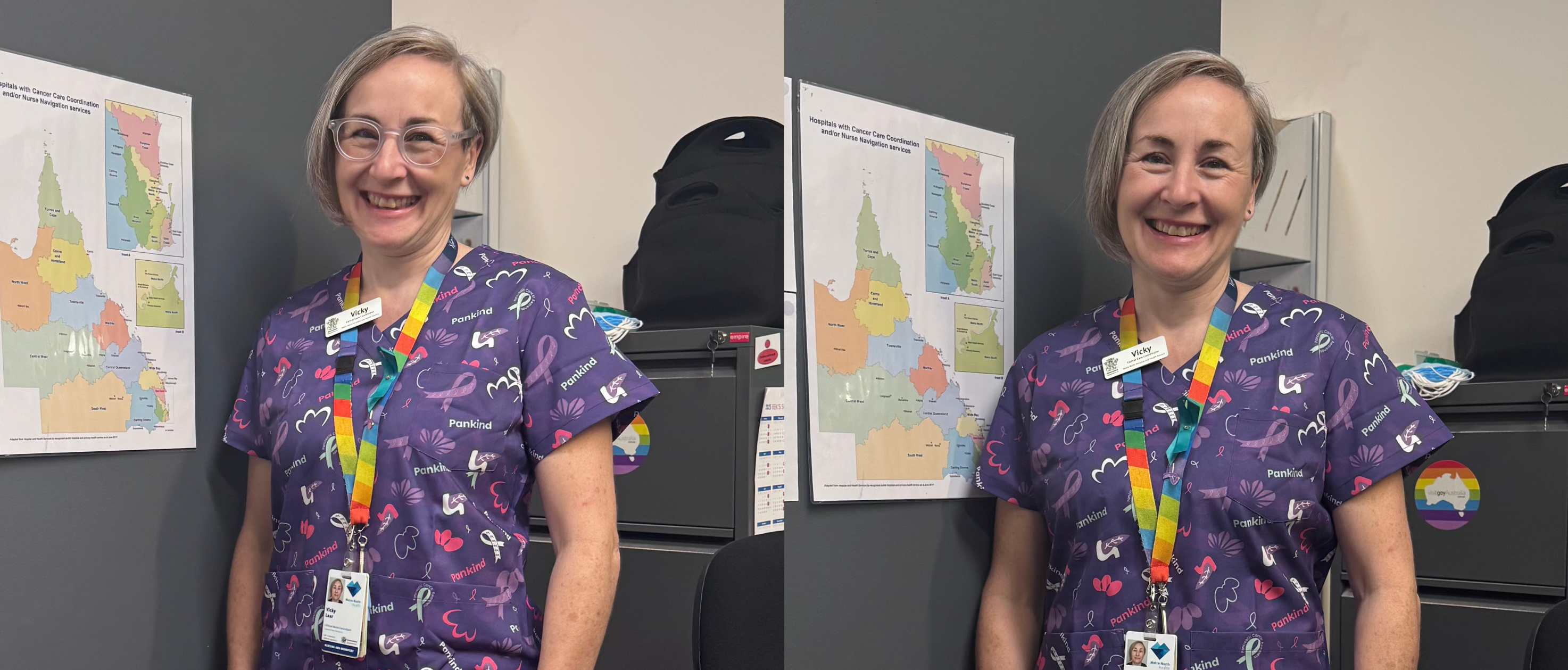 Vicky wearing purple for pancreatic cancer awareness.