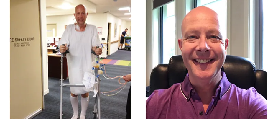 Left, Mark in hospital after his operation. Right, Mark smiling at work.