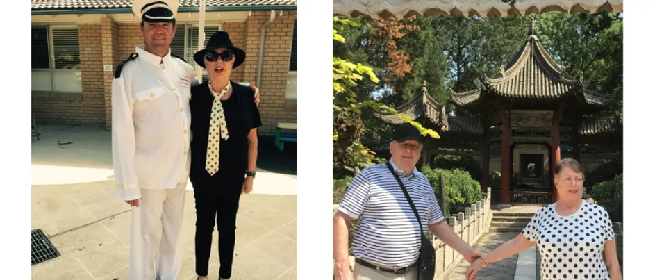 To the left, Carmen, wearing a black outfit with a tie, standing next to her husband wearing a sailors outfit. To the right, Carmen and her husband holding hands while travelling.