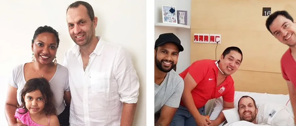 To the left, Clint stands smiling beside his wife and young daughter. To the right, Clint in hospital with his friends by his side.