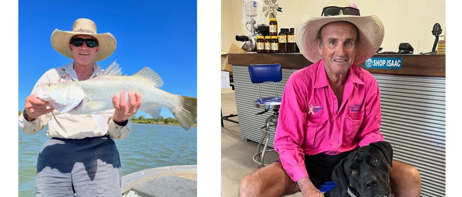 On the left, Greg is standing on a fishing boat holding a freshly caught Barramundi. To the right, Greg sits in a shed wearing a bright pink shirt and wide-brimmed hat, smiling beside his black dog.