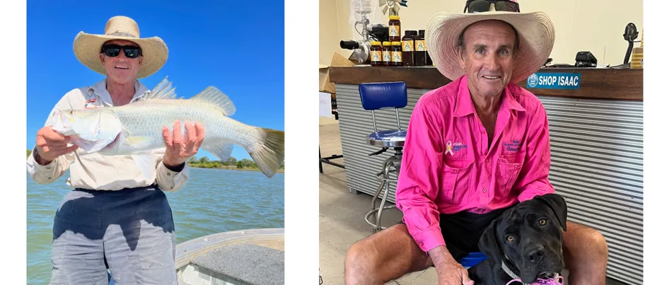 On the left, Greg is standing on a fishing boat holding a freshly caught Barramundi. To the right, Greg sits in a shed wearing a bright pink shirt and wide-brimmed hat, smiling beside his black dog.