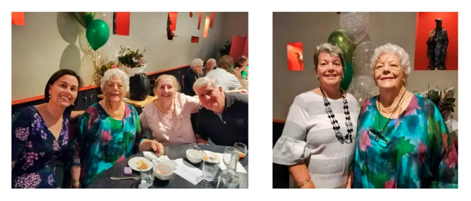 To the left, Marjorie, a lady with short white hair wearing a blue dress, sitting next to her friends. To the right, Marjorie, standing next to a woman in a grey dress.