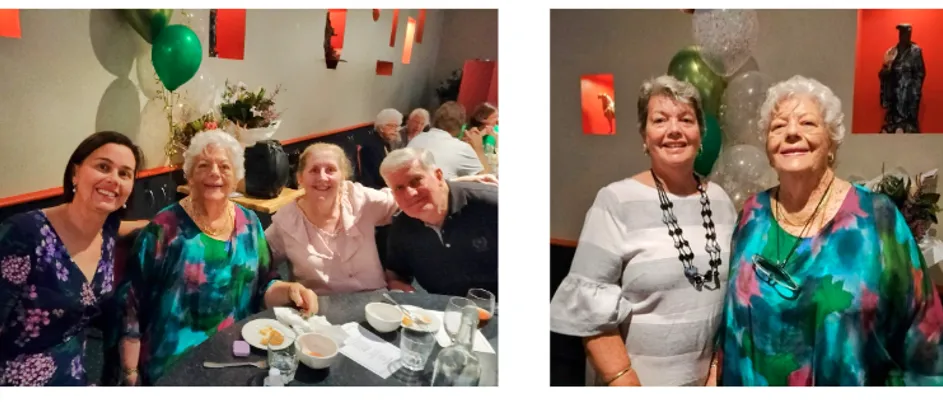 To the left, Marjorie, a lady with short white hair wearing a blue dress, sitting next to her friends. To the right, Marjorie, standing next to a woman in a grey dress.