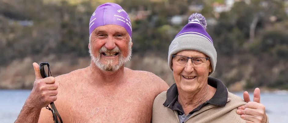 Ivan and Chris celebrating post 1000th swim