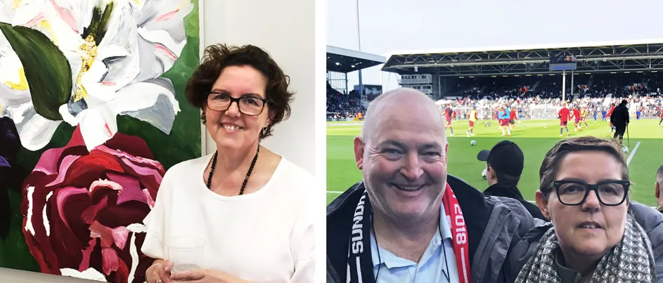 To the left, Pam stands smiling next to a floral painting. To the right, Pam enjoys a day out at the football with her husband, both smiling in the crowd.