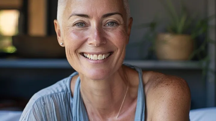 A smiling bald woman with light skin and freckles is sitting indoors, wearing a loose, light blue top. She has a joyful expression and is looking directly at the camera. Behind her, a potted plant and soft furnishings are slightly out of focus.